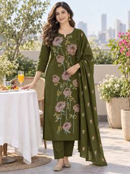 BERRYLICIOUS - Women Olive Cotton Embroidered Kurta with Pant and Dupatta