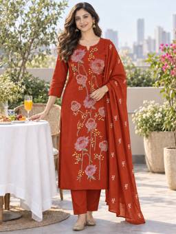 BERRYLICIOUS - Women Rust Cotton Embroidered Kurta with Pant and Dupatta