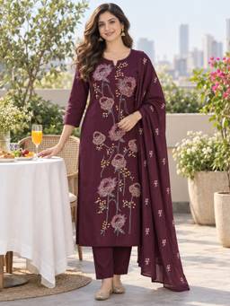 BERRYLICIOUS - Women Wine Cotton Embroidered Kurta with Pant and Dupatta