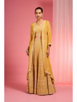 MILU MADAN - Mustard Dori And Resham Work Georgette Lehenga With Blouse And Cape