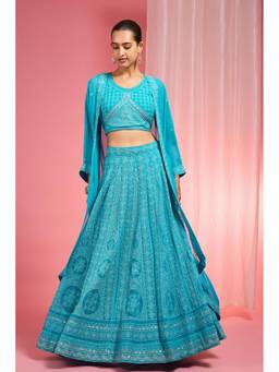 MILU MADAN - Turquoise Dori And Resham Work Georgette Lehenga With Blouse And Cape