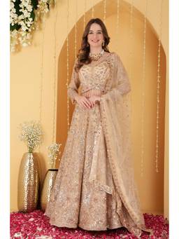 MILU MADAN - Light Beige Double Net Hand Embroidered Lehenga With Blouse And Dupatta