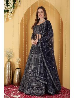 MILU MADAN - Navy Blue Double Net Hand Embroidered Lehenga With Blouse And Dupatta