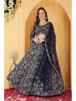 MILU MADAN - Navy Blue Double Net Hand Embroidered Lehenga With Blouse And Dupatta