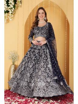 MILU MADAN - Navy Blue Double Net Hand Embroidered Lehenga With Blouse And Dupatta