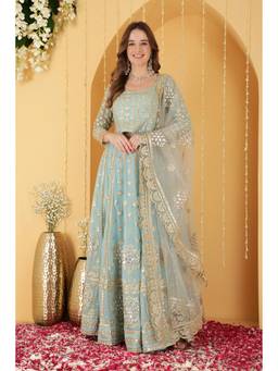 MILU MADAN - Light Blue Gota Patti Work Georgette Lehenga With Blouse And Dupatta