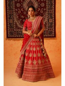 MILU MADAN - Red Viscose Dupion Silk Heavy Hand Embroidered Lehenga With Blouse And Dupatta