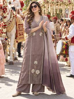 BERRYLICIOUS - Women Lavender Tissue Hand Bead Embroidered Kurta with Palazzo and Dupatta