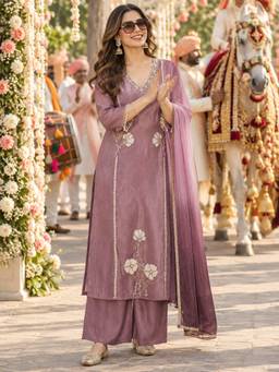 BERRYLICIOUS - Women Pink Tissue Hand Bead Embroidered Kurta with Palazzo and Dupatta