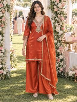 BERRYLICIOUS - Women'S Orange Mirror Embroidered V-Neck Kurta with Palazzo and Dupatta