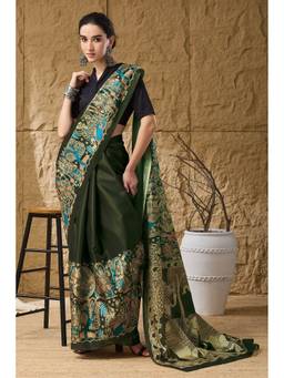 Suha - Green Women Silk Blend Printed Kalamkari Saree