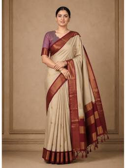 AMRUTKALA SAREES - Beige Designer Cotton Silk Kanjivaram Saree