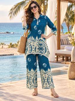 BERRYLICIOUS - Women Rayon Printed Embellished Shirt-Collar Blue Co-Ord Set