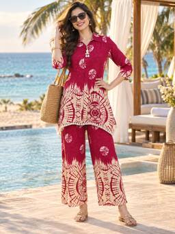 BERRYLICIOUS - Women Rayon Printed Embellished Shirt-Collar Pink Co-Ord Set