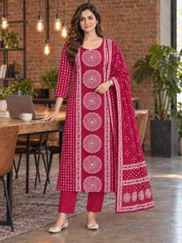 BERRYLICIOUS - Women Maroon Cotton Printed and Mirror Embellished Kurta with Palazzo and Dupatta