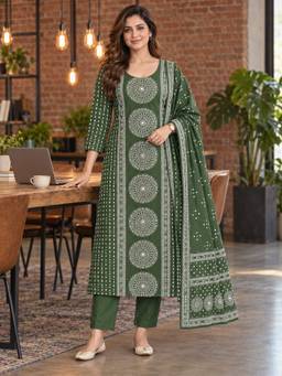 BERRYLICIOUS - Women Olive Cotton Printed and Mirror Embellished Kurta with Palazzo and Dupatta
