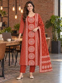 BERRYLICIOUS - Women Orange Cotton Printed and Mirror Embellished Kurta with Palazzo and Dupatta