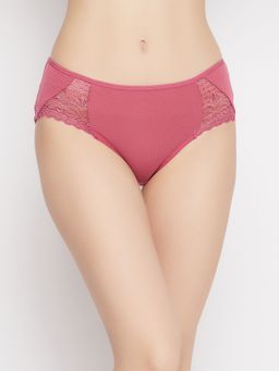 Clovia - Mid Waist Hipster Panty In Dusky Pink with Lace Inserts Cotton