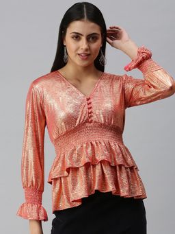SHOWOFFFF - Women V-Neck Bell Sleeves Self Design Copper Top