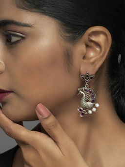 Divas Mantra - MOR NRITYA Peacock Motif Dangler Earrings with Purple Spinel Stones and Pearls