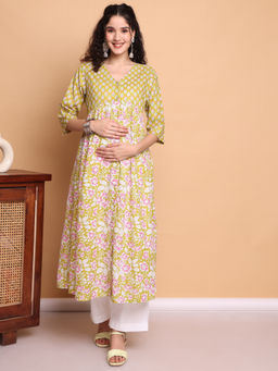 Secret Wish - Yellow Floral Cotton Lurex Maternity Kurta & Pant (Set of 2)