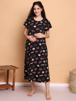 Secret Wish - Black Abstract Hosiery Maternity Nighty