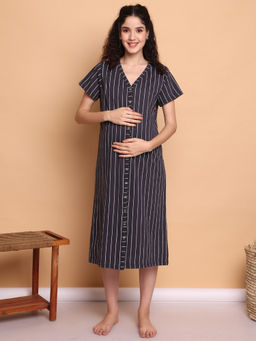 Secret Wish - Black Striped Hosiery Zipless Maternity Nighty