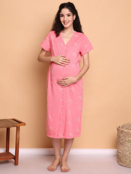Secret Wish - Pink Printed Hosiery Zipless Maternity Nighty