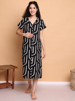 Secret Wish - Black Abstract Hosiery Zipless Maternity Nighty