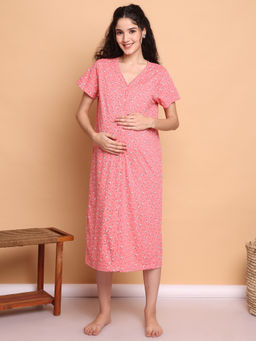 Secret Wish - Pink Floral Hosiery Zipless Maternity Nighty