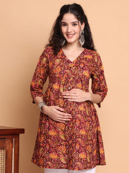 Secret Wish - Brown Floral Cotton Maternity Tunic