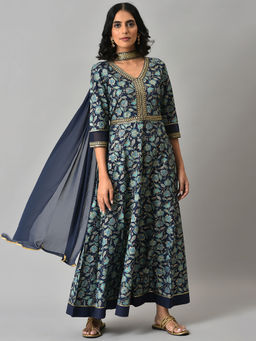 Aurelia - Blue Floral Maxi Dress and Dupatta (Set of 2)