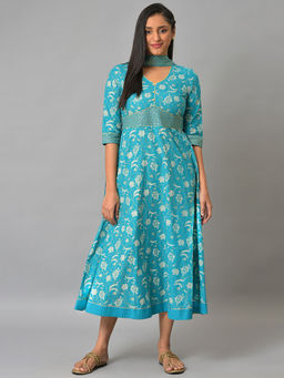Aurelia - Blue Floral Midi Dress and Dupatta (Set of 2)