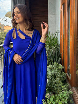 NUD - Roman Blue Petal Neck Anarkali with Dupatta (Set of 2)