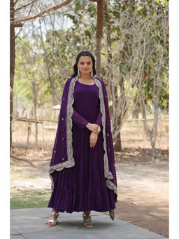 JATRIQQ - Purple Solid/Plain Maxi Gown and Dupatta (Set of 2)