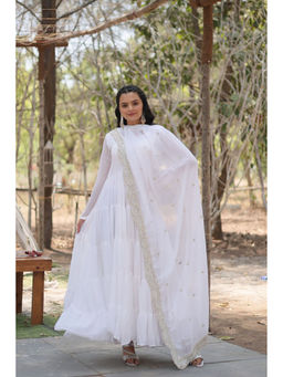 JATRIQQ - White Solid/Plain Maxi Gown and Dupatta (Set of 2)