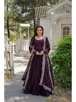 JATRIQQ - Wine Solid/Plain Maxi Gown and Dupatta (Set of 2)