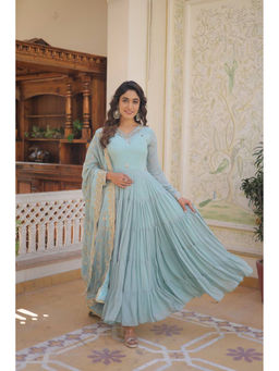 JATRIQQ - Blue Floral Maxi Gown and Dupatta (Set of 2)