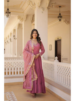JATRIQQ - Pink Embroidered Maxi Gown and Dupatta (Set of 2)