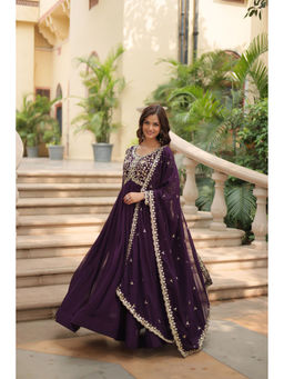 JATRIQQ - Wine Floral Maxi Gown and Dupatta (Set of 2)