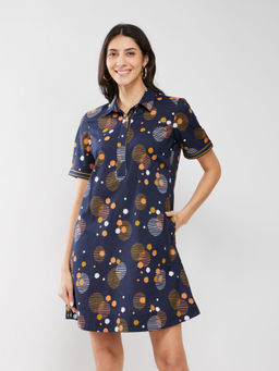 Pink Fort - Cotton Print Play Dress - Navy Blue