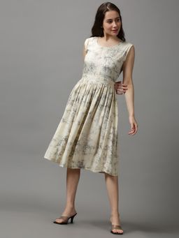 SHOWOFF - Women's Round Neck Tie And Dye Cream Knee Length Dress