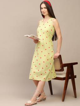 SPARSA - Light Green Striped Sleeveless V-Neck A-Line Cotton Dress