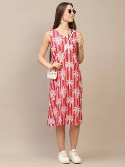 SPARSA - Pink Printed Sleeveless V-Neck A-Line Cotton Dress