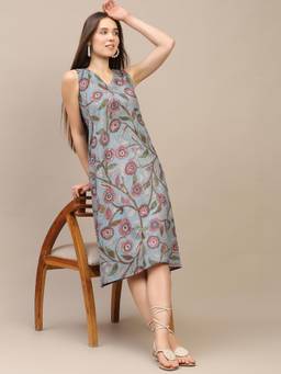 SPARSA - Slate Blue Printed Sleeveless V-Neck A-Line Cotton Dress