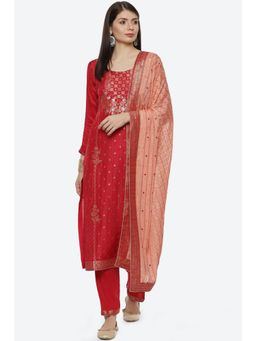 Biba - Red Silk Unstitched Suit (Set of 3)