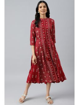 W - Red Floral Printed Panelled Indie Dress With Belt (Set of 2)
