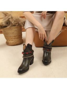 Saint G - Womens Olive Leather Rhinestone Studded DÃ©cor Boots