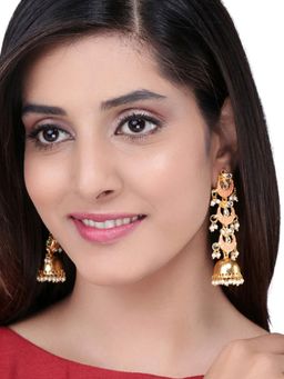Yellow Chimes - Gold - toned Handcrafted Meenakari Peach Jhumka Earrings