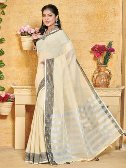 Sangam Prints - Off White Linen Woven Zari Work Traditional Tassels Saree with Unstitched Blouse